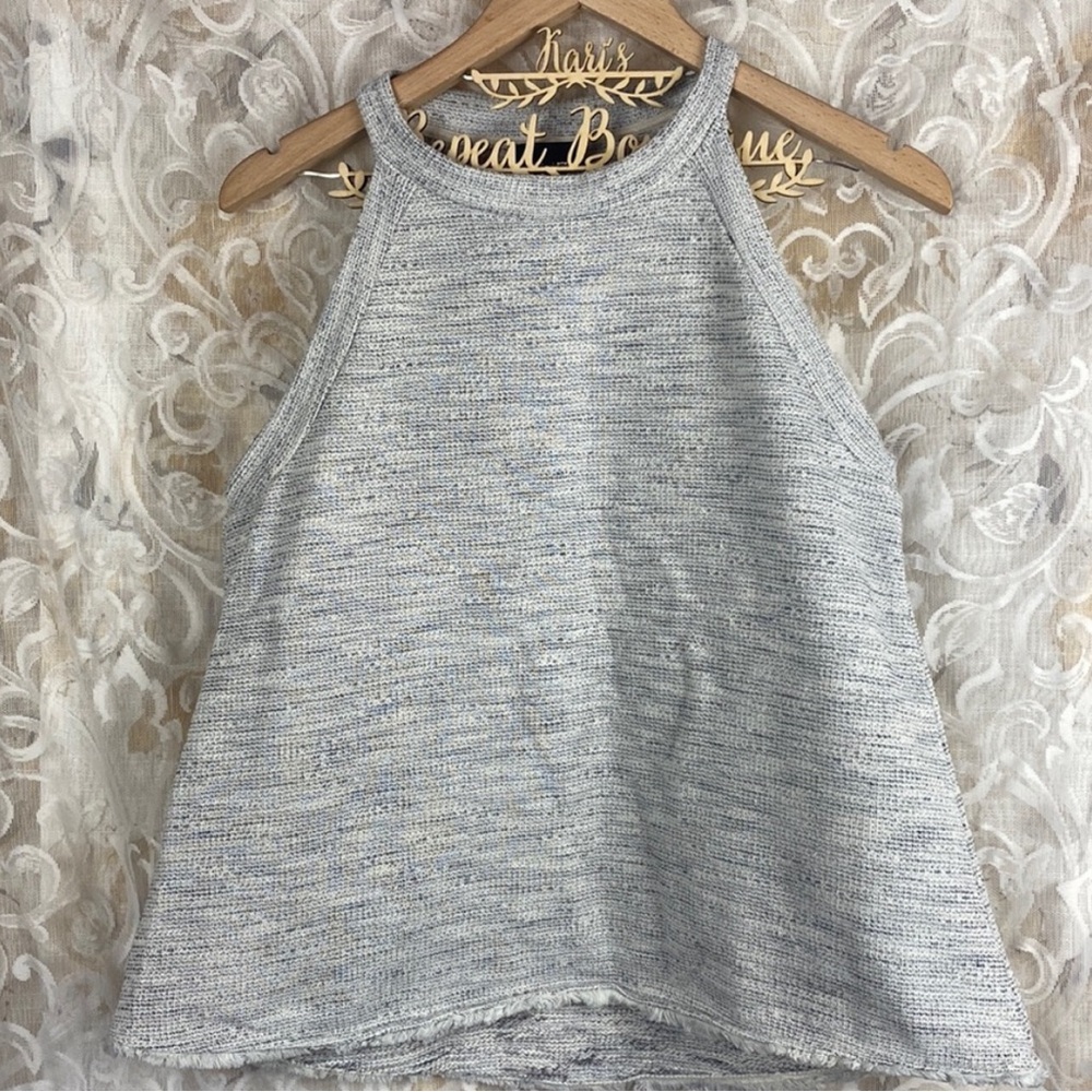 W5 Anthro Tweed Halter Tank Striped Textured Metallic Grey Raw Hem Distressed M